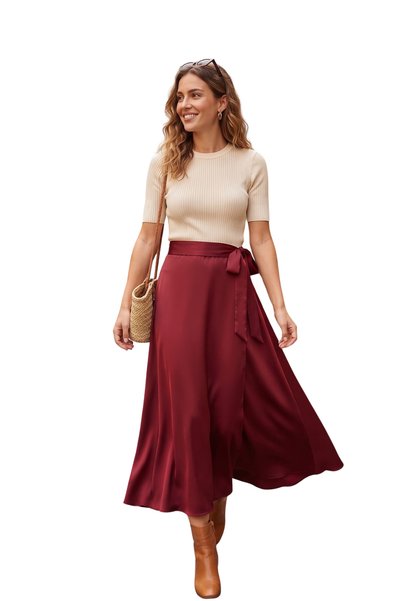 Alsüve Bordo Saten Midi Boy Flare Etek AL.0031