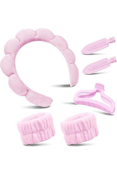 Yelajoy 5-Piece Velvet Spa Headband Set with 2 Wristbands & 3 Clip, Pink Cute...