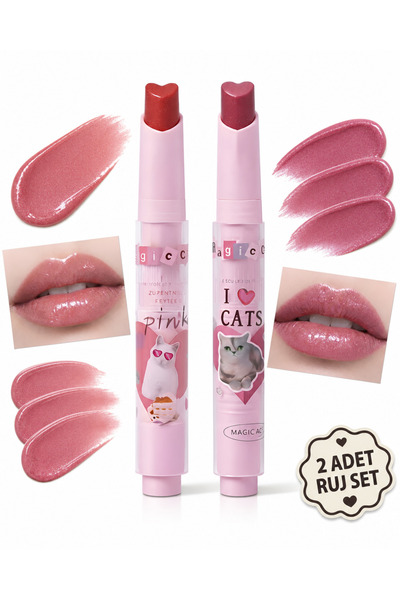 Kozmetik Silvery Heart Tip 2-Piece Glossy Lipstick Set - I Love Cats Series -...