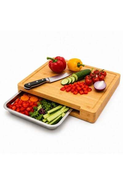 Generic Premium Bamboo Cutting Board with Built-In Sliding Drawer 100% Natura...