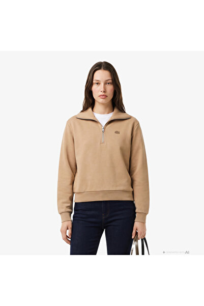 Lacoste Kadın Relaxed Fit Yarım Fermuarlı Bej Sweatshirt