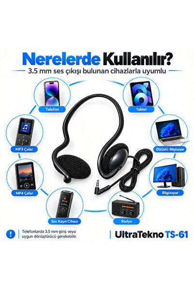 ULTRATEKNO TS-61 3.5 mm Stereo Kablolu Ense Tipi Kulaklık MP3 PC Laptop Telefon Uyumlu Kulak Arkası Kulaklık