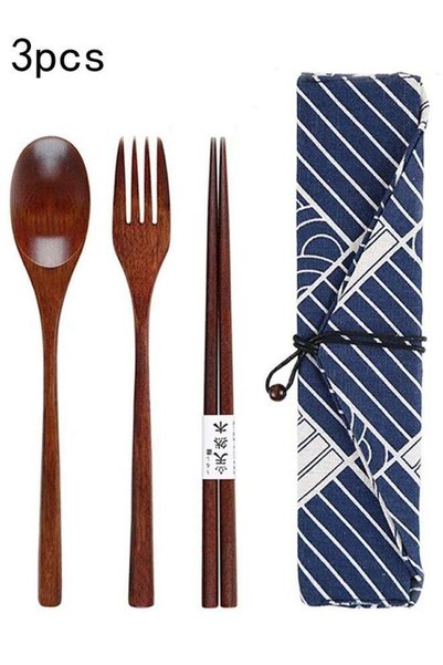 Generic 3 Pcs Chopsticks Fork Spoon Wooden Travel Cutlery Set with Pouch, Reu...