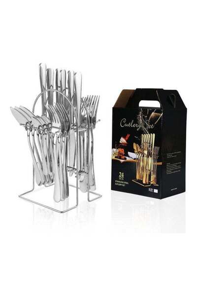 Generic 24-Piece Stainless Steel Cutlery Set with Storage Holder Silver