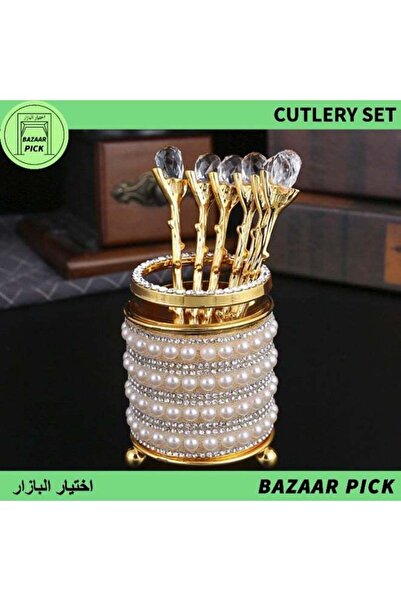 Generic Elegant Crystal&Pearl-Decorated Dessert Spoon Set - Sophisticated Gol...