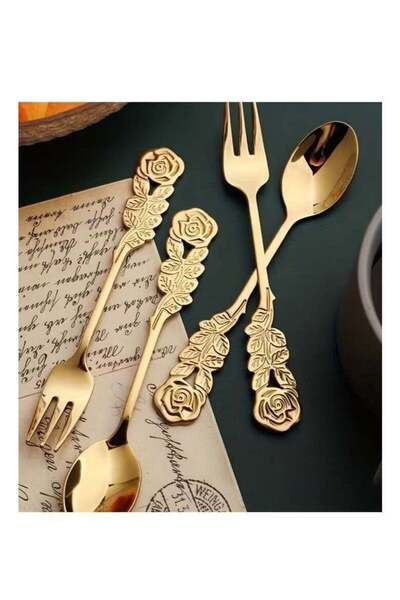 Generic 4Pcs Rose Handle Spoon Fork Set 4.72inch (304) Stainless Steel Flatwa...