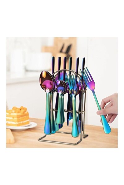 Generic 24-Piece Stainless Steel Cutlery Set with Stand Multicolour