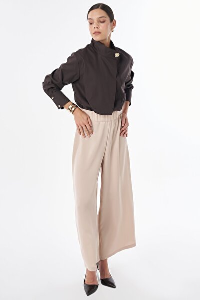 Kayra Wide Leg Draped Trousers Beige
