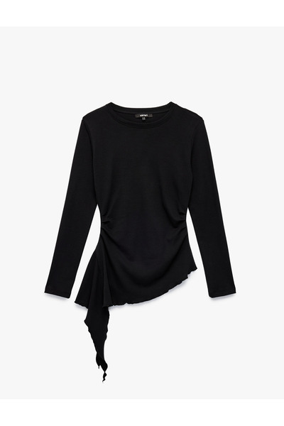 Koton Pamuklu Bisiklet Yaka Uzun Kollu Slim Fit Drapeli Asimetrik Bluz
