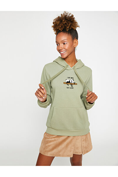 Koton Three Threaded Hooded Kangaroo Pocket Panda Printed Sweatshirt