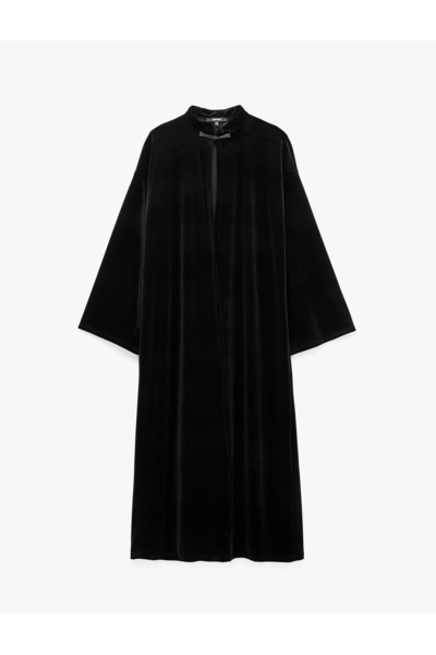 Koton Wide Long Sleeves Mandarin Collar Long Velvet Cape Kimono with Ornate B...