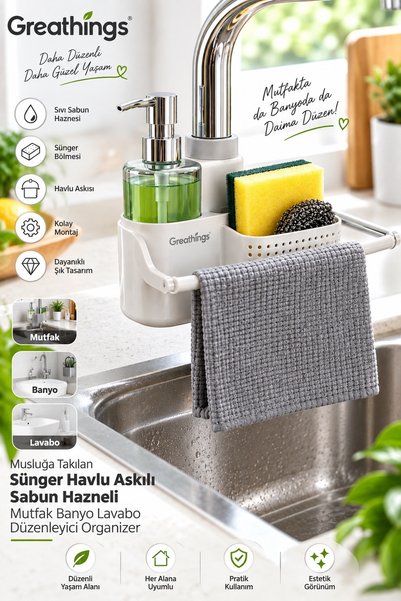 Greathings 22x10x7 cm Musluğa Takılan Süngerlik Sabunluk Havlu Askılı Lavabo ...