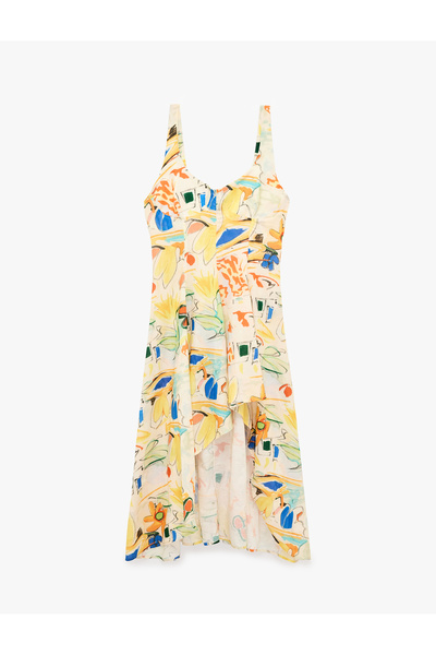 Koton Linen Blend Loose Fit Sweetheart Neckline Strappy Asymmetrical Patterne...