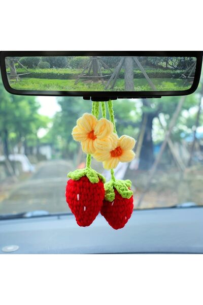 Arabest Cute Crochet Strawberry Flower Car Mirror Hanging Accessories,Handmad...