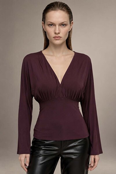 HAKKE Women's V-Neck Crop Blouse with Drawstring Detail