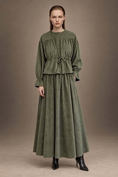 HAKKE Women's Corduroy Buttoned Blouse and Long Skirt Set
