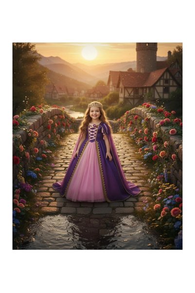 LilyMoon Costum de petrecere pentru fetiță, prințesă cu păr lung, corset din dantelă mov roz și pelerină