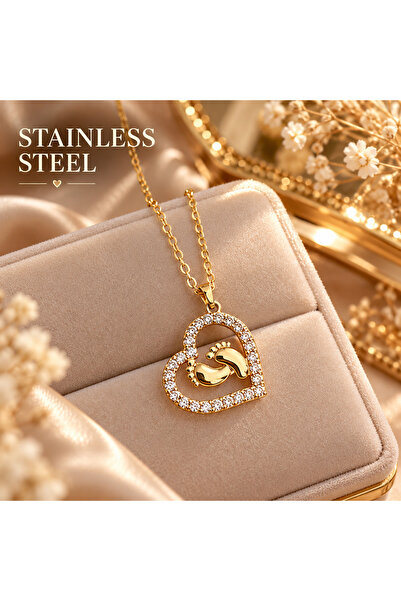 stainless steell Gold Color Heart and Baby Footprint Model Zircon Stone Steel...