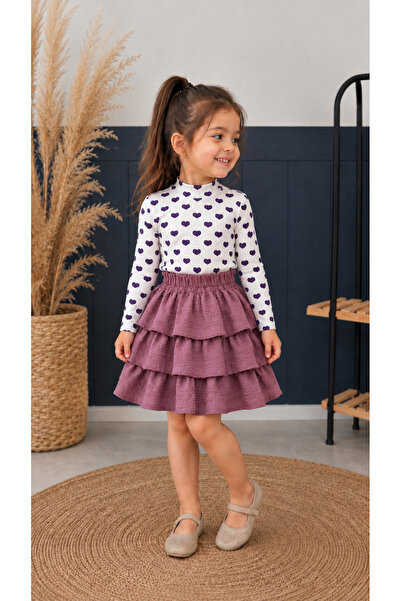 BAHNUR Girl's Lilac Layered Ruffle Skirt and White and Purple Heart Patterned...