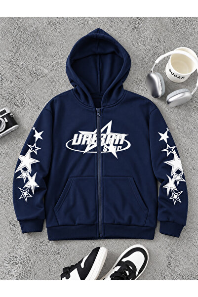HAI COLLECTİON Çocuk Yıldız Baskılı 3 İplik Hoodie – Fermuarlı Kapüşonlu Swea...