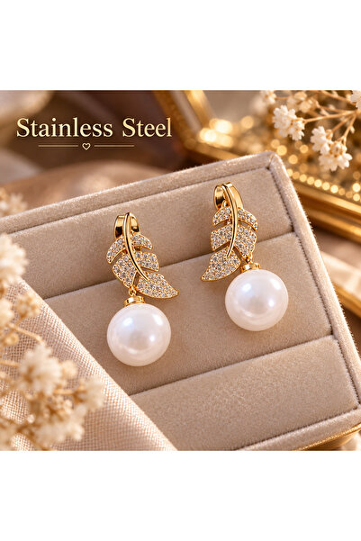 stainless steell Gold Color Plated Leaf-Shaped Pearl Detailed Anti-Tarnish An...
