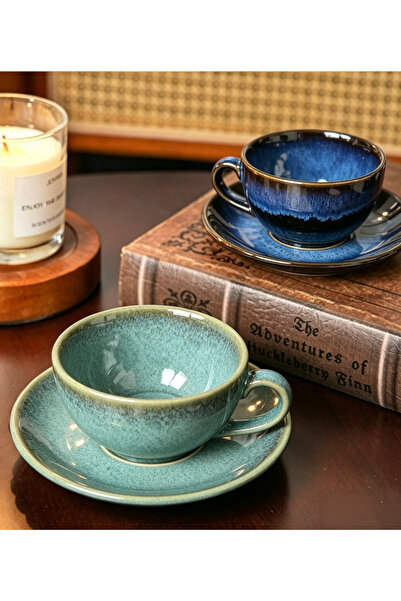 Generic Brand Set of 2 Coffee Cups & Saucers, Ceramic Mugs.Vintage Kiln Glaze...