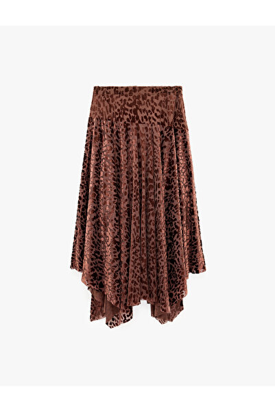 Koton Textured Velvet Leopard Patterned Asymmetrical Skirt