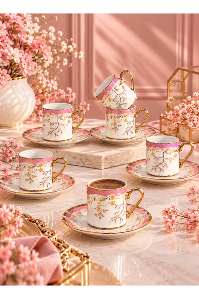 DECOFORM 6’lı Porselen Kahve Fincan Takımı Gold Detaylı, Pembe Çiçek ve Dallı...