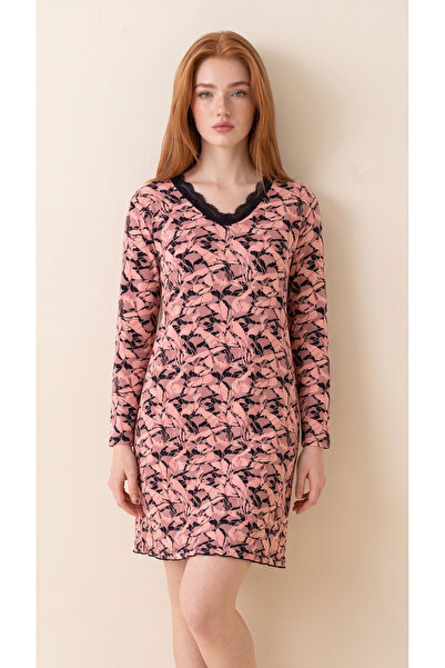 Arzey Floral Patterned Viscose Long Sleeve Women's Dress with Lace Detail
