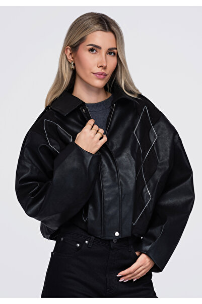 OMBRE Damen-Bomberjacke, Lässige Passform, Breiter Kragen Schwarz OW-JT-E0004