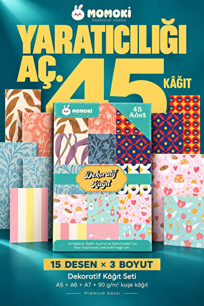 Scrapbook Kağıt Seti Romantik Kalpler ve Retro Desenler 45 Adet A5 A6 A7