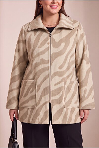 RMG Leopard Patterned Unlined Large Size Cashmere Coat Cream