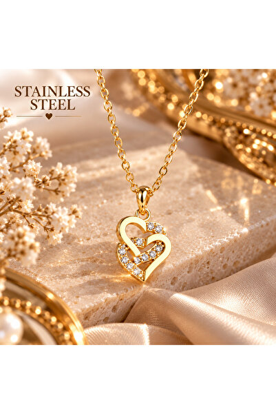 stainless steell Gold Color Minimal Heart Design Zircon Stone Steel Necklace