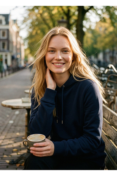 Hediyesepeti Lacivert Kadın Kapüşonlu Basic Sweatshirt Kanguru Cepli Hoodie