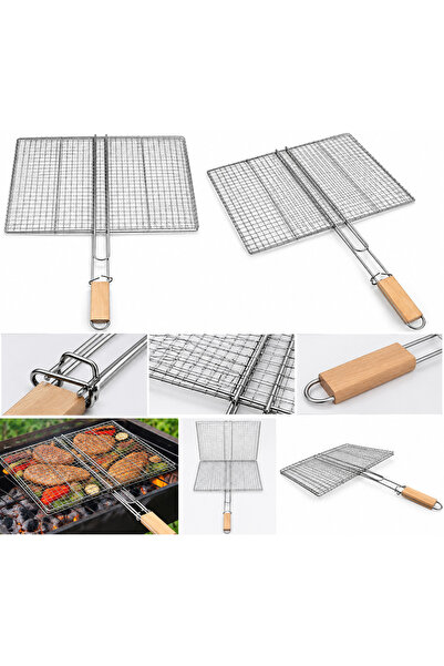 OEM Grătar dublu tip plasă pentru BBQ, 32 x 40 cm, mâner din lemn, sistem de ...