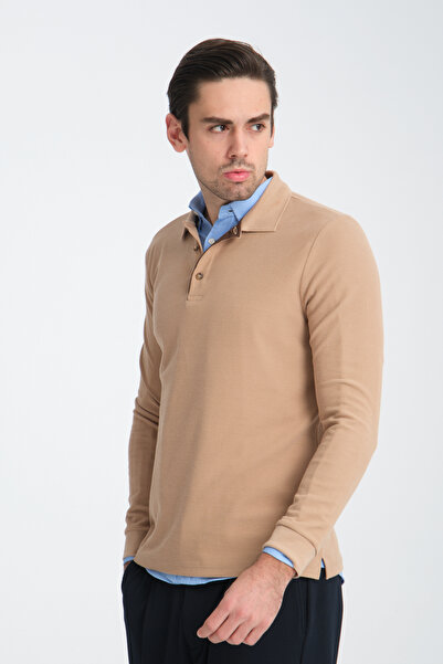 Frappoli Blum Men's Beige Waffle Patterned Regular Fit Polo Collar Sweatshirt