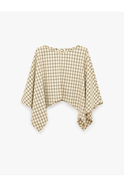 Koton Round Neck Asymmetrical Long Bat Sleeve Plaid Cape Poncho Blouse