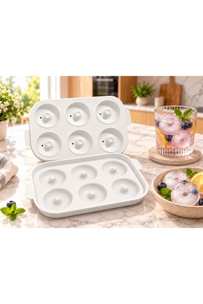 Pazar Kapısı Donut Ice Mold 6-Piece Ring Ice Tray with Lid – Donut Shaped Ice Mold for Drinks and Cocktails White
