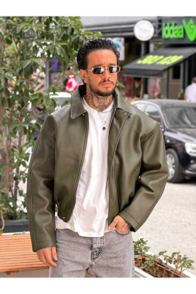 manch collection Giesto Oversize Yıkamalı Deri Ceket Haki