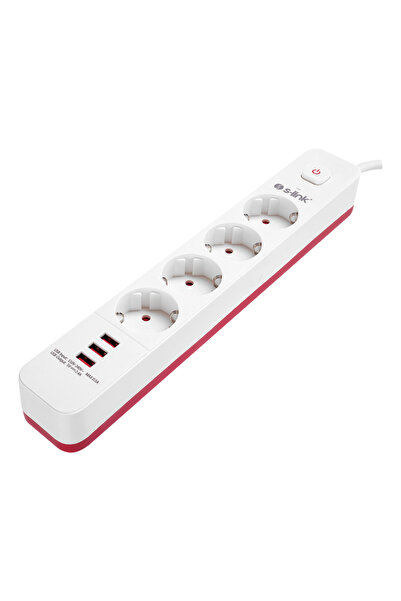S-LINK SPG403U، 4 مقابس، مقبس حماية من التيار، 3xUSB 5V 2.4A، كابل نحاسي 100% بطول 1.5 متر، 1.5 ملم، 750 جول