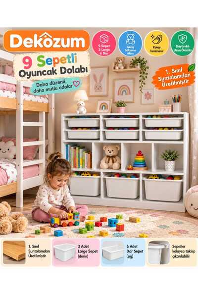 DEKOZUM MİLO 9 Sepetli Oyuncak Dolabı – 3 Large 6 Dar Sepetli Çocuk Odası Düz...