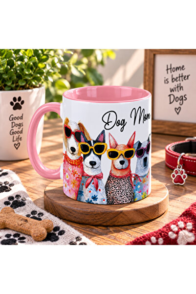 Dog Mom Kupa Bardak – Güneş Gözlüklü Sevimli Köpekler Desenli Pembe Kulplu Köpek Annesi Hediyesi