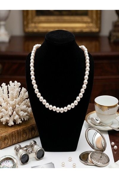 SEVA'S BİJUTERİ Women's Single Row Classic Design 0.50 cm Diameter Mayorka Pearl Wedding and Engagement Necklace