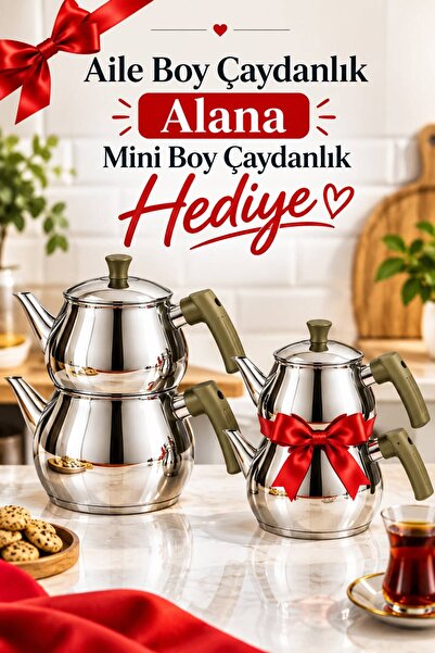 HAZARPAZAR Çaydanlık Yeşil Bakalit Kulp Aile Boy 3.50 lt Hediyeli Mini Boy 1....