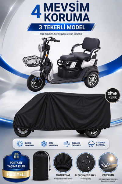 Motobros FALCON FRIDA 7000 Uyumlu 3 Tekerlekli Elektrikli Araç Brandası Siyah Su Geçirmez UV Korumalı 4 Mevsim Motosiklet Branda
