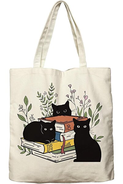 GENERAL Dlzdn Black Cat Canvas Tote Bag For Women Aesthetic Cute Cat Floral B...