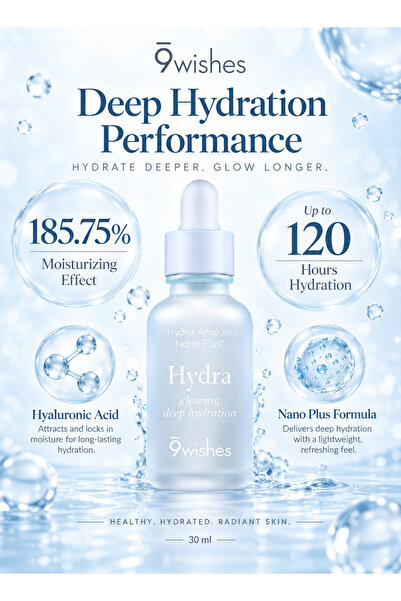 9WISHES Hydra Ampule Nano Plus+ | 30 ml Hyaluronic Acid Face Serum | Deep Hydration Moisture Boost | Korean Skincare