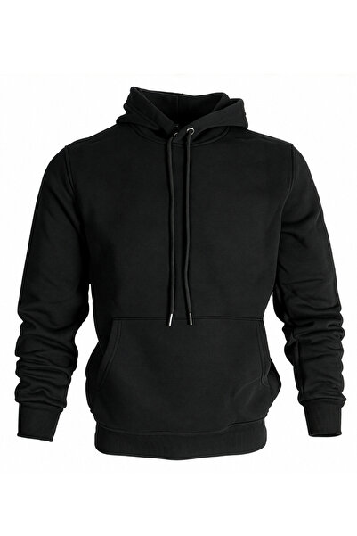 Hediyesepeti Siyah Erkek Kapüşonlu Basic Sweatshirt Kanguru Cepli Hoodie