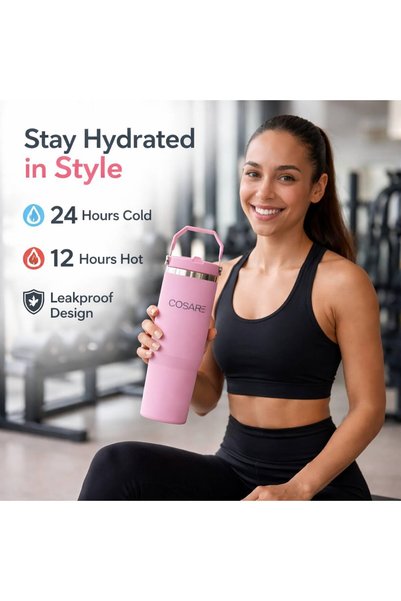COSARE 30oz Tumbler with Handle – Stainless Steel Insulated Travel Mug with Lid and Straw – Double Wall Reusable Coffee Cup for Hot and Cold Drinks – Leak Proof Large Cup for Office, Gym, and Travel