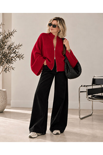 Glysso VARENA Kadın Kırmızı Çift Fermuarlı Dik Yaka Yarasa Kol Triko Hırka